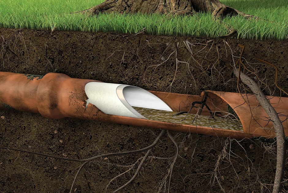 Illustration of a broken sewer line showcasing a brand new liner restoring the old pipe and filling in the holes.