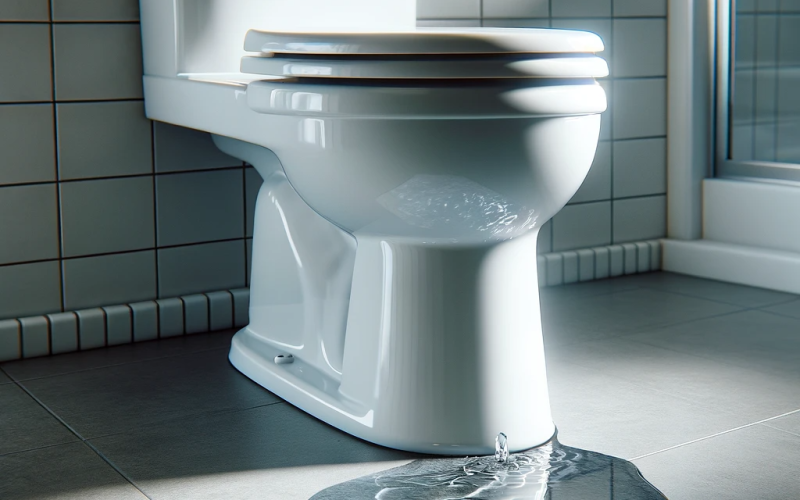 DALL·E 2023-11-15 09.08.30 - An image of a bathroom with a leaking toilet, featuring a smaller puddle of water. The toilet is white, set in a well-lit, clean, modern bathroom with